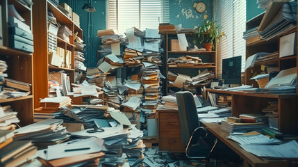 Document management. An office scene showing a cluttered workspace with an overwhelming amount of papers and files stacked haphazardly. - obrazy, fototapety, plakaty