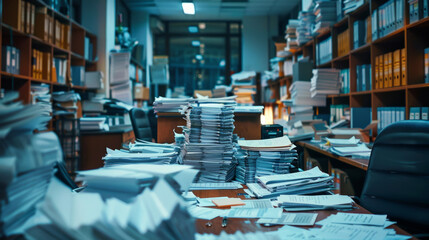 Document management. An office at night with stacks of paperwork piled high on a desk and surrounding areas, indicating a busy work environment or backlog of work - obrazy, fototapety, plakaty