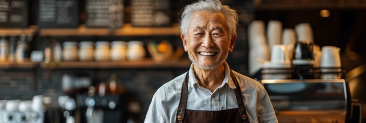 An elderly Asian man, with a grey beard, stands behind the bar, smiling warmly, welcoming visitors to his café.
