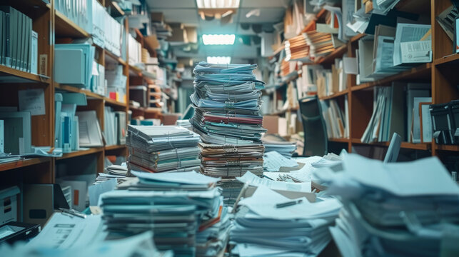 Document management, A cluttered office space filled with stacks of disorganized papers and documents towering on a table, with shelves of files and office supplies blurred in the background