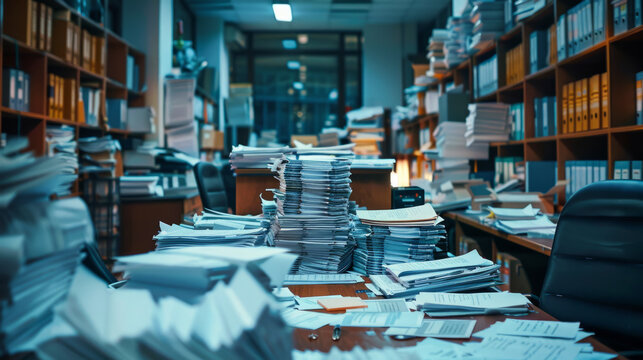 Document management. An office at night with stacks of paperwork piled high on a desk and surrounding areas, indicating a busy work environment or backlog of work