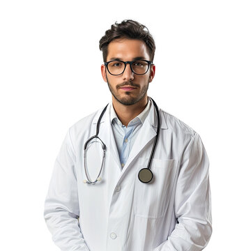 Male doctor in white coat and glasses isolated on transparent background