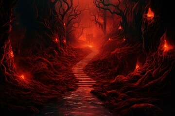 Fototapeta premium Foreboding Red stairs hell. Room enter red. Generate Ai