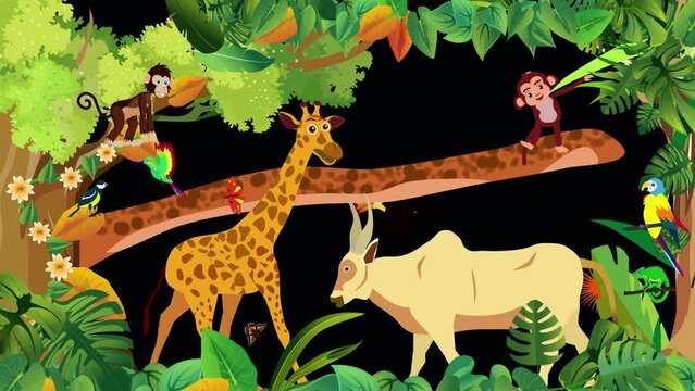 Cartoon animation of lungle scene with giraffe bull monkeys and other animals 4k video
