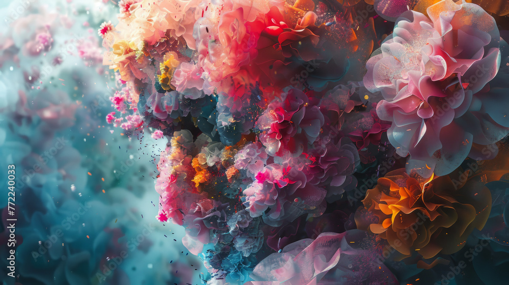Poster an abstract background with a vibrant explosion of flower-like shapes in a dynamic blend of colors, 