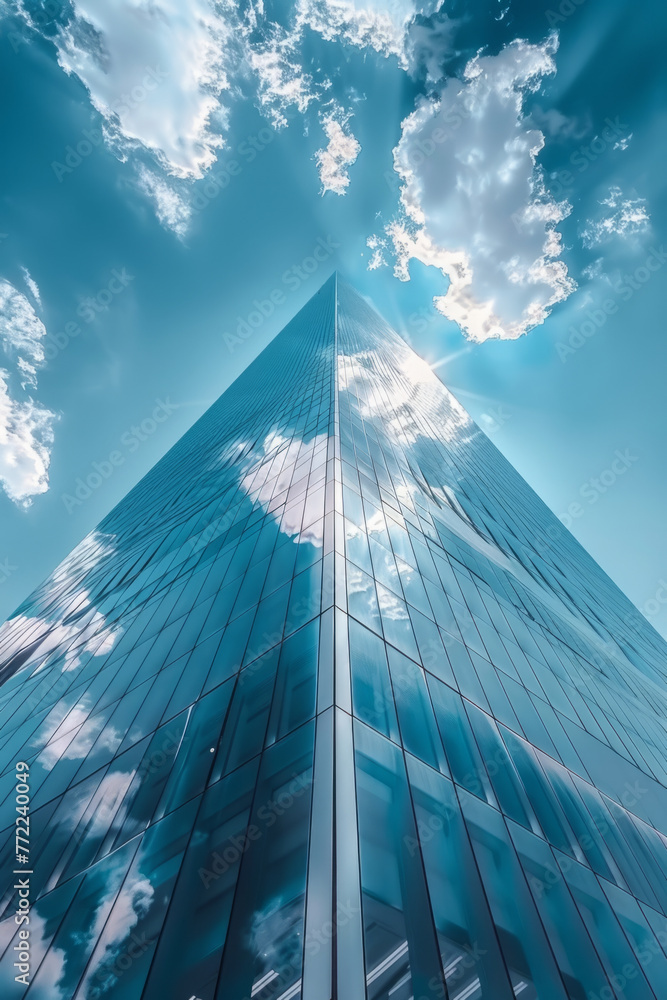 Poster low angle view of a reflective glass skyscraper against a clear blue sky with fluffy white clouds, e