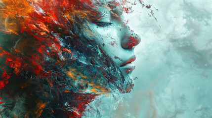 A digital artwork of a woman's profile with an abstract, colorful dispersion effect, blending her features into a dynamic array of particles on a cool-toned background.