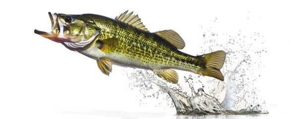 Naklejka premium An action shot of a largemouth bass fish jumping out of water creating a dynamic splash, isolated on a white background.