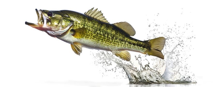 An action shot of a largemouth bass fish jumping out of water creating a dynamic splash, isolated on a white background.