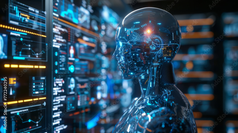 Poster a humanoid robot with a transparent head, revealing intricate electronic circuits and connections.