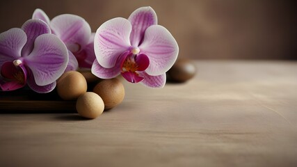 Fototapeta na wymiar Orchid beauty flowers on vintage background. Spa background, spa therapy, beauty. Spa treatment. Generative AI