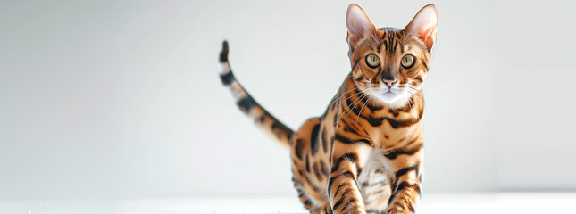 Alert Bengal Cat on Bright Background - obrazy, fototapety, plakaty