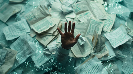 Document management. A hand emerges amidst a chaotic sea of scattered papers, implying a call for help or an overwhelming workload.