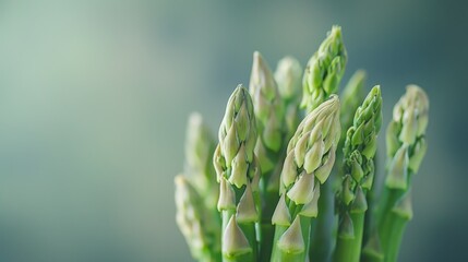 A detailed close-up of a stalk of asparagus its pointed tips and green stalks standing out against a bright - obrazy, fototapety, plakaty