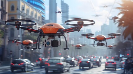 Futuristic Drone Delivery System Transporting Packages in Vibrant Smart City Skyline