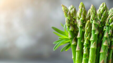 Fototapeta premium A detailed close-up of a stalk of asparagus its pointed tips and green stalks standing out against a bright