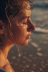 Young, beautiful woman meditates in a lotus position on the beach near sea or ocean waves, seeking inner peace and tranquility.