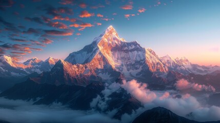 A dramatic mountain range at sunrise with glowing peaks and shadowed valleys