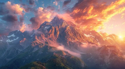 A dramatic mountain range at sunrise with glowing peaks and shadowed valleys - obrazy, fototapety, plakaty