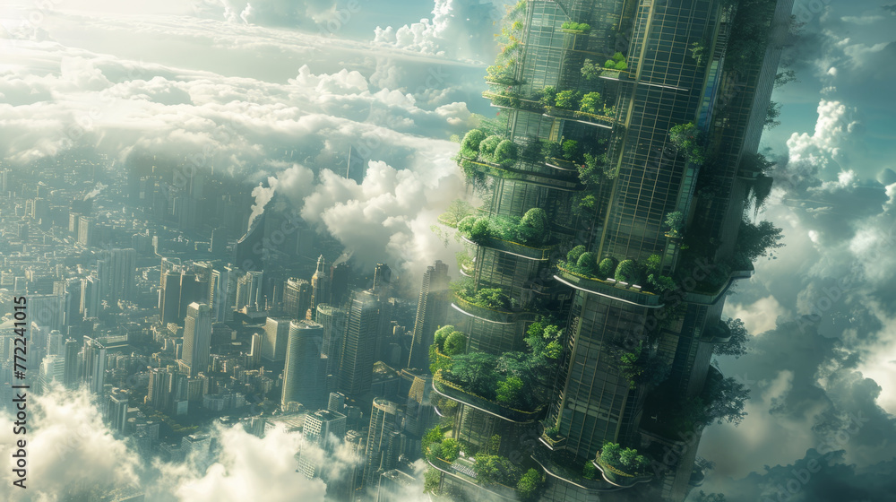 Poster a futuristic cityscape with towering skyscrapers covered in lush greenery extends above the clouds, 