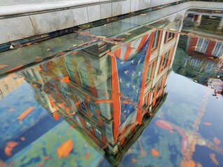 A building with a flag on it is reflected in a puddle of water