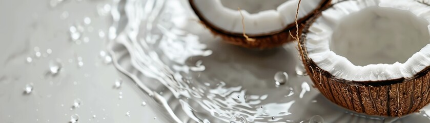 Fototapeta premium A minimalist close-up of a coconut cut in half its white flesh and clear water embodying freshness and purity