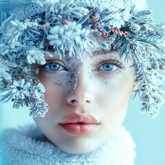 Beautiful young woman with snowflakes on her face. Winter fashion.