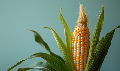 An image of a freshly harvested corn cob its golden kernels and green husk set against a bright