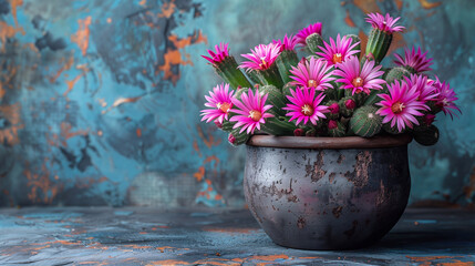 Cactus in a pot with pink flowers on a blue background.