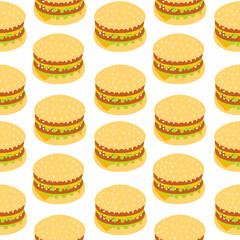 Delicious big burger with two cutlets and lettuce leaf vector illustration. Seamless pattern in cartoon flat style isolated on white background. For menu, wrapping, background.