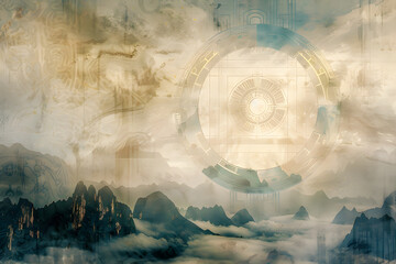 Intricate Representation of I Ching and Kua Number Principles Blended with Oriental Scenery - obrazy, fototapety, plakaty