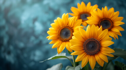 Beautiful sunflowers on a blue background with copy space.
