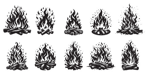 Bonfire, black silhouette on a transparent background, burning firewood, vector drawing for stencil, print..