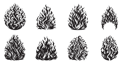 Fire flame, black silhouette on a transparent background, burning fire, vector drawing for stencil, print..
