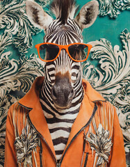 Hipster zebra wearing sunglasses and orange jacket. Fashionable animal portrait.