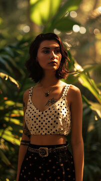 Woman with dark hair that falls to her shoulders and noticeable eyebrows stands in front of a background of lush vegetation