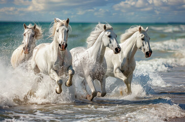 Obraz na płótnie Canvas white horses running on the beach, with water splashing around them