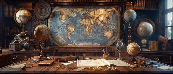 A charming 3D mock-up of a vintage map placed in a whimsical explorers study filled with globes and ancient artifacts
