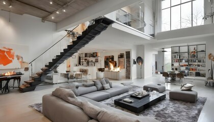 An avant-garde loft apartment with a curated collection of modern art pieces and sculptures. The living area features a floating fireplace and a suspended glass staircase leading to a mezzanine level, - obrazy, fototapety, plakaty