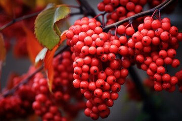 Abundant Red berries branch viburnum fall. Flora garden plant ash crimson. Generate Ai - obrazy, fototapety, plakaty