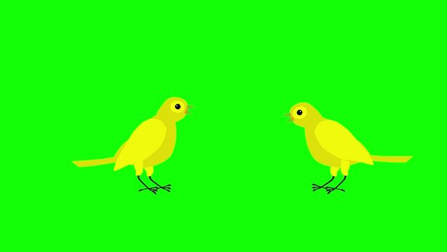 cartoon animation of  two little yellow birds take turns pecking