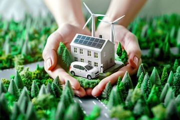 Hands cradling a model of a sustainable house with solar panels, wind turbines, and an electric vehicle