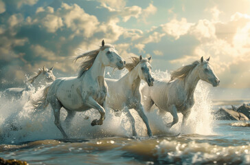 Obraz na płótnie Canvas white horses running on the beach, with water splashing around them