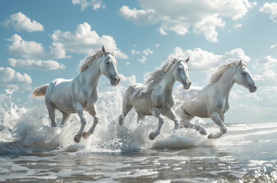 white horses running on the beach, with water splashing around them