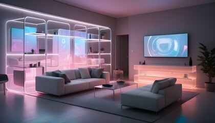 A minimalist apartment with a futuristic vibe, featuring modular furniture and translucent room dividers that can be adjusted for privacy or openness. The living area is bathed in soft LED lighting, w