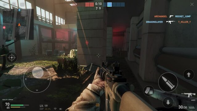 Army Soldier Shoots Terrorists And Defuses Dangerous Bomb In Mobile Video Game. Video Game With Mobile Interface To Control Action. Victory In Online Match Of Modern Mobile Video Game. Animation