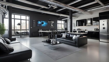 A futuristic loft apartment with an open-plan layout and exposed ductwork, furnished with sleek black leather sofas and chrome accents. The kitchen boasts cutting-edge appliances and a minimalist dini - obrazy, fototapety, plakaty