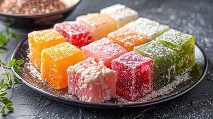 Sliced red turkish delight cubes close-up. National traditional Turkish sweets sprinkled with powdered sugar. Jelly natural bonbons