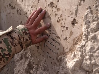 A hand is touching a wall with a message written on it. The message is in Spanish and he is a poem. Scene is contemplative and reflective, as the hand is reaching out to touch the wall