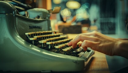 Nostalgic Narratives: Writer Captured Typing on Vintage Typewriter - obrazy, fototapety, plakaty